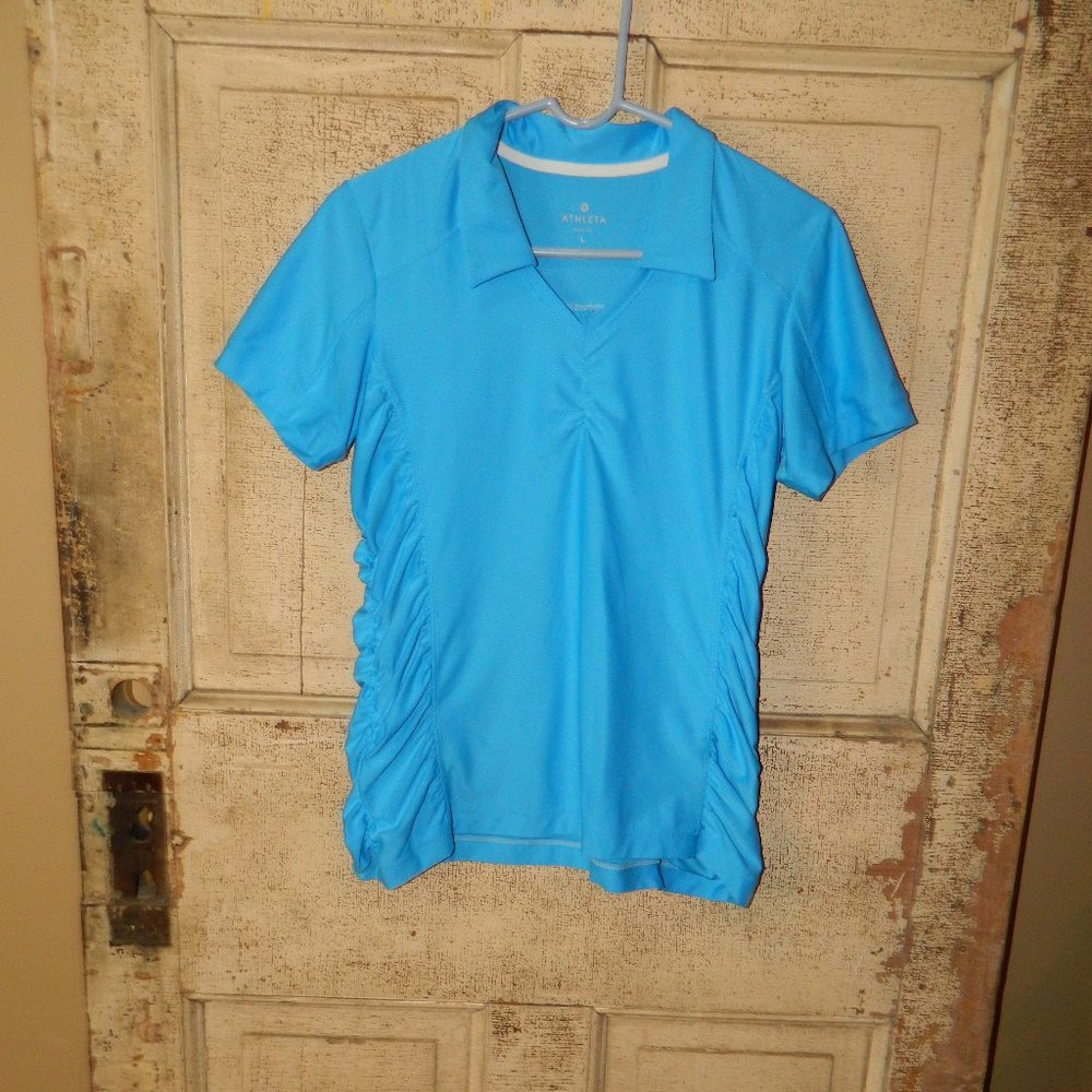 Athleta Womens Blue Short Sleeve Blue Collared Athletic Top Ruched (P-18)
